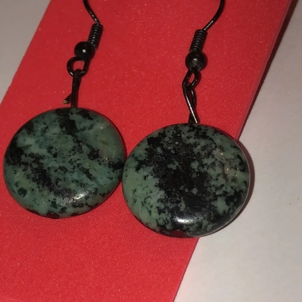 Black & Green Speckled Round Beaded Boho Dangling Earrings